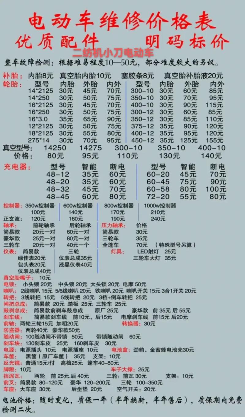 电动车维修配件收费标准｜同城优先，拒绝被坑