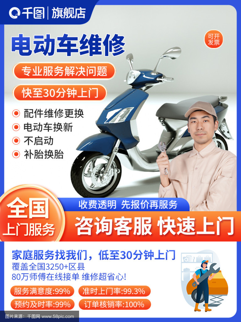 蓝色电动车·电瓶车·小电驴同城上门维修——主图背后的专业与省心